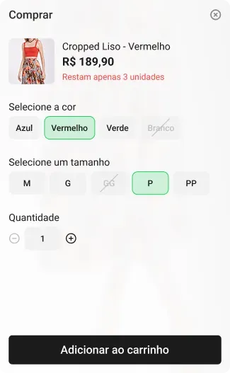 Seleção de variação e botão de adicionar ao carrinho no vídeo